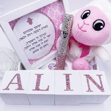 Load image into Gallery viewer, Baby Girl Rhinestones Mezuzah, Cubes Name &amp; Blessing
