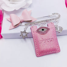 Load image into Gallery viewer, Rhinestones Silver Stroller Pin 3&quot;1/4 Tehilim &amp; 3 Charms
