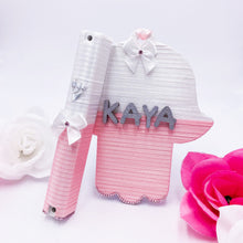 Load image into Gallery viewer, Baby Satin Mezuzah &amp; Satin Hamsa with Name
