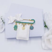 Load image into Gallery viewer, Turquoise Rhinestones Stroller Pin 3&quot;1/4 with Tehilim
