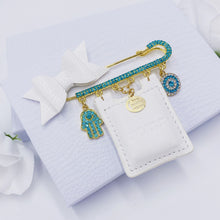 Load image into Gallery viewer, Turquoise Rhinestones Stroller Pin 3&quot;1/4 with Tehilim
