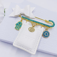 Load image into Gallery viewer, Turquoise Rhinestones Stroller Pin 3&quot;1/4 with Tehilim
