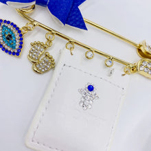 Load image into Gallery viewer, Rhinestones Gold Stroller Pin 4&quot; Tehilim &amp; Charms
